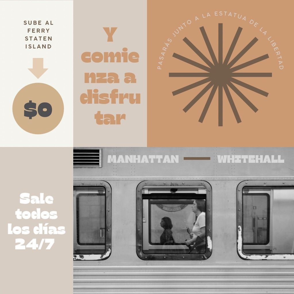 Información esencial del ferry de NY y cómo ver gratis la estatua de la libertad: tarifa, horario y ubicación de la estación, sobre fondo de tren del metro de Nueva York.