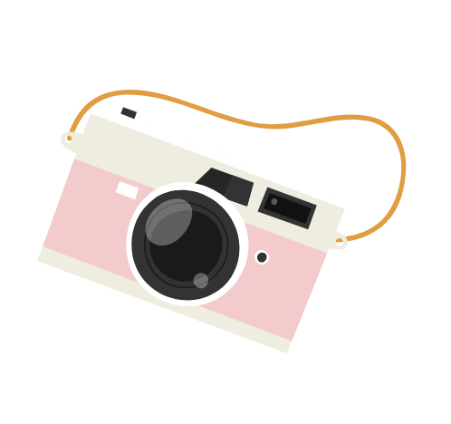 Ilustración decorativa de cámara de fotos vintage, elemento visual para blog de viaje con datos de destinos y ahorro